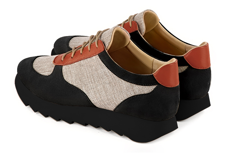 Women's matt black, natural beige and terracotta orange elegant sneakers. Round toe. Thick rubber soles - Rear view